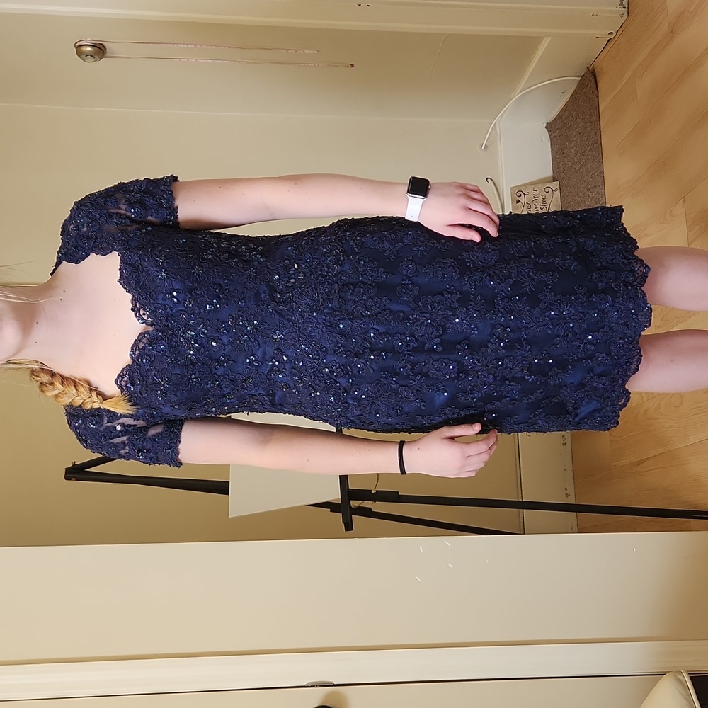 Size 8 bright navy blue cap sleeve beaded lace formal cocktail by MGNY Mori Lee